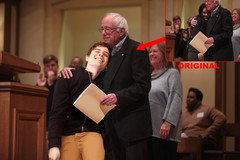 Strange boy edited into photo to replace girl being hugged by Bernie Sanders.