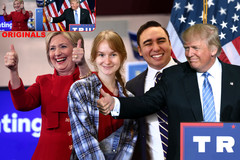 Man and Woman posing in edited photo of Hillary Clinton and Donald Trump.